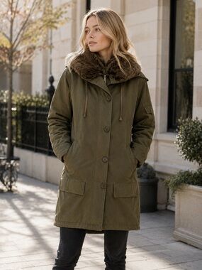 VINCE Revolve Military Style Utility Parka Faux Fur Lined Zippered Hood Womens L